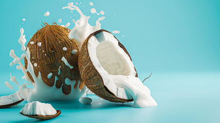 3d rendering of coconut milk splashing on a blue background.