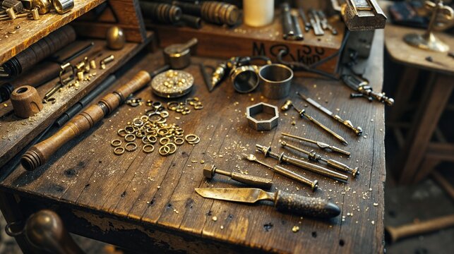 Assorted goldsmith tools on a rustic wooden workbench