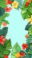 Fototapeta premium Vibrant Tropical Floral Frame with Lush Jungle Leaves and Exotic Blooms