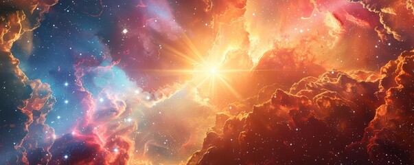 A vibrant starburst in a cosmic setting, with radiant beams of light and colorful nebula clouds surrounding it