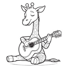 Cute giraffe sitting playing guitar. Outline sketch vector illustration cartoon with white background