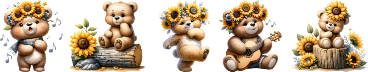 Bear and koala with sunflower for kids, watercolor illustration.
