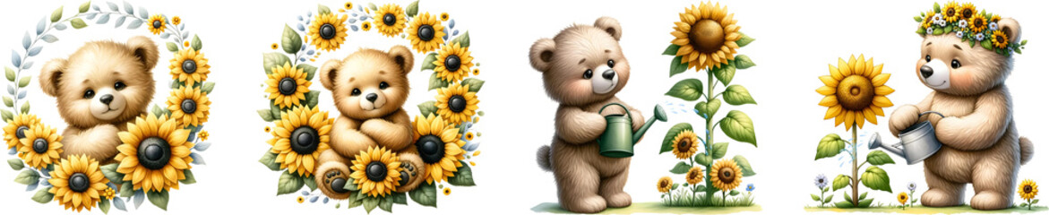 Bear and koala with sunflower for kids, watercolor illustration.