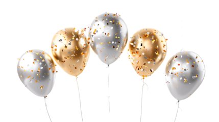 Celebration banner with silver and gold confetti and balloons isolated on transparent background 