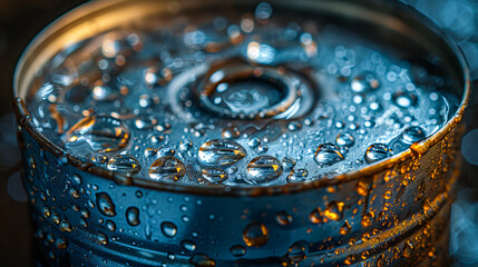 A can of soda with water droplets on it.