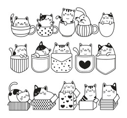Cat box, cup, pocket Cute cats doodle, hand drawn vector