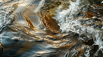 abstract pattern of water movement in river, featuring a rocky bank, a flowing river, and a distant tree line