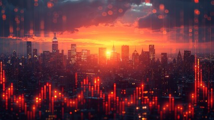 Fototapeta premium Dramatic city skyline with reflective lights at sunset.