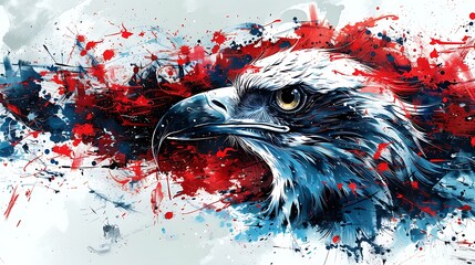 The US flag recreated with vibrant red, white, and blue ink splatters on a stark white canvas, showcasing a sense of freedom and expression.