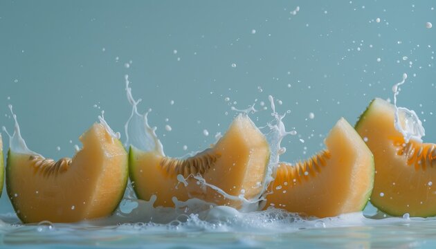 Elegant slow motion sequence of cantaloupe slices submerging in milk, set against a subdued negative space for visual impact