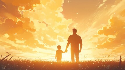 Fototapeta premium Aurora, rear view of father and child holding hands, back view, silhouette, happy father's day，Silhouette of Happy Father and Child Holding Hands in Serene Back View | 4K HD Wallpaper