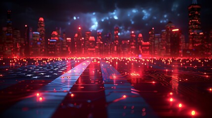 Obraz premium The US flag reimagined as a neon circuit board, with flowing currents in red, white, and blue lighting up a tech cityscape.