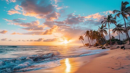 Beautiful sunrise over tropical beach and palm trees in Dominican republic