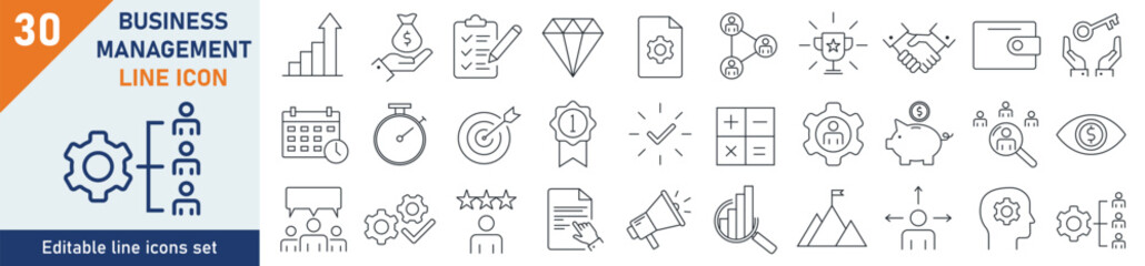 Management icons Pixel perfect. Management icon set. Set of 30 outline icons related to management, functions, principles, goals. Linear icon collection. Editable stroke. Vector illustration.