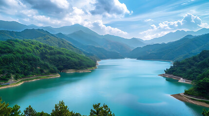 beauty of water amidst mountain scenery, framed by lush green trees and a clear blue sky