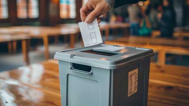 A hand placing a voting card into a ballot box, symbolizing civic participation and democracy