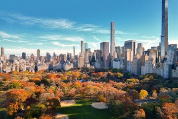 New York City Central Park. Top view with Autumn tree. Autumn Central Park view from drone. Aerial...