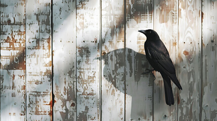 A black crow standing on wall nature symbolism mysterious silhouette foreboding with his shadow with sunlight background