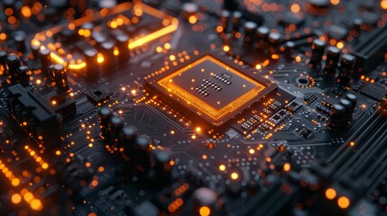 A highresolution image showing a futuristic quantum computing motherboard, enhanced with glowing quantum nodes