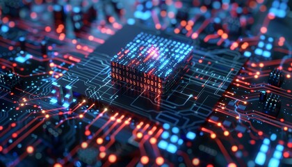 A hightech 3D rendering of an AI microchip with binary code and digital elements, symbolizing AI computing