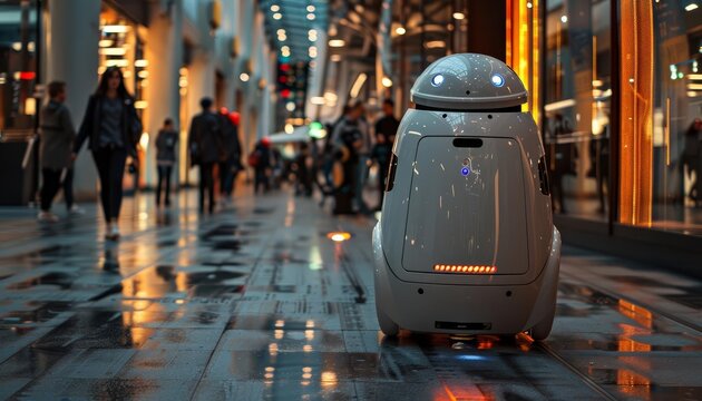 A hightech security robot patrolling a commercial complex, equipped with cameras and sensors for realtime surveillance