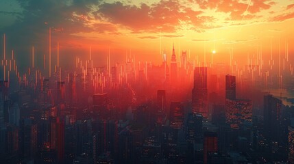 Obraz premium Futuristic cityscape with glowing skyscrapers at dusk.