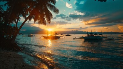 Beautiful sunset on the beach in a tropical resort in the Philippines