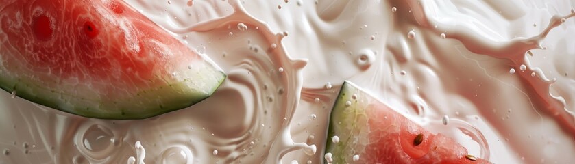 Fototapeta premium Closeup slow motion video of watermelon and milk interaction, focusing on the contrast against a neutral background