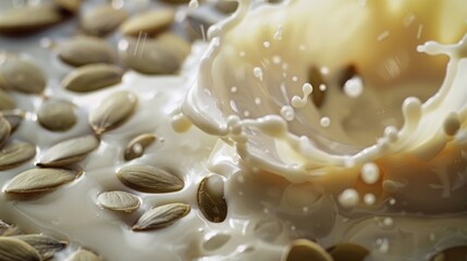 Closeup slow motion video of pumpkin seeds and milk blending, focusing on the contrast and textures against a neutral background