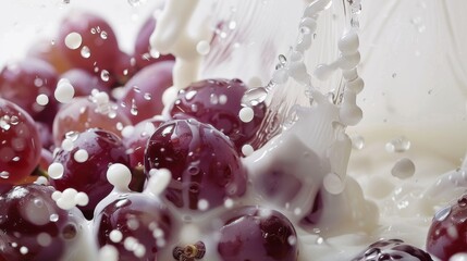 Closeup slow motion video of grapes and milk blending, focusing on the contrast and textures against a neutral background