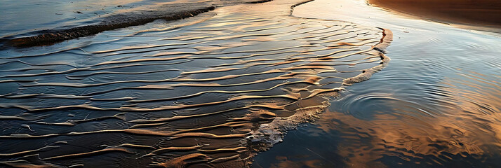 dynamic water patterns on sandy shoreline with a brown rock in the foreground and a blue sky in the background - Powered by Adobe