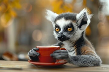 Naklejka premium A beautiful lemur sits and drinks a cup of coffee in glamour.