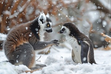 Naklejka premium A lemur communicates with a penguin. Concept of friendship between animals