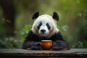 Obraz premium A panda sits and drinks tea. The Chinese symbol of the panda, which is having a tea ceremony.
