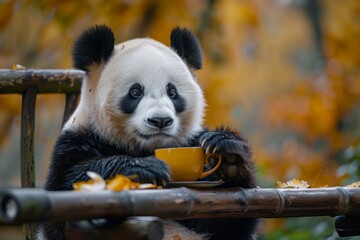 A panda sits and drinks tea. The Chinese symbol of the panda, which is having a tea ceremony.