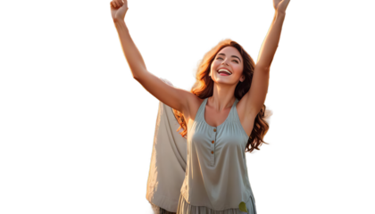 field woman happy worship sunset raising rural arms joyful praising beauty female free young girl beautiful hair background up standing hand nature fun person life landscape healthy health lifestyle