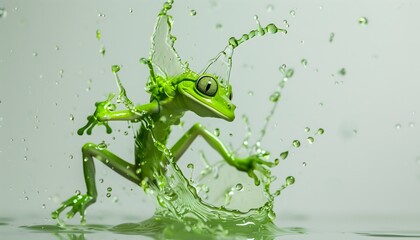 Naklejka premium A green frog is dancing on the surface of the water, water drops are scattered. 