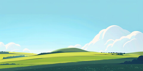 Obraz premium Cartoon style field landscape background, vibrant beautiful minimal wide banner backdrop Summer season, generated ai