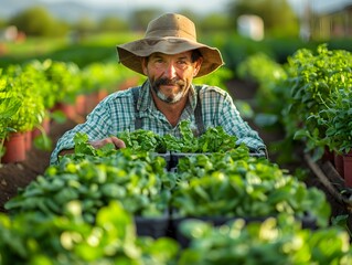 Beaming Gardener Harvesting Organic Vegetables on Lush Farmland