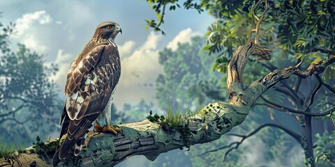 An image of a majestic hawk perched high on a tree branch, surveying its territory with a watchful gaze. realistic - Powered by Adobe