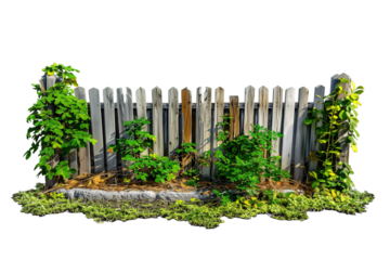 Rustic old wooden fence with overgrown green plants