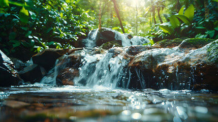 journey of water amid tropical forest waterfall in the distance