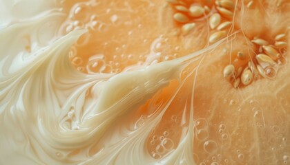Abstract slow motion scene of cantaloupe seeds swirling in milk, centered in frame with ample negative space for text placement
