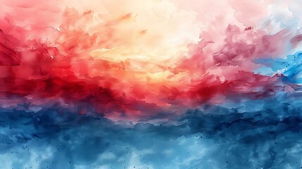 Fototapeta premium A delicate watercolor painting of the US flag, blending soft strokes of red, white, and blue across a stretched canvas, creating a dreamy, fluid appearance.