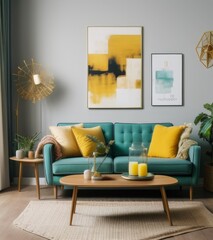A bright living room with an aquamarine sofa, yellow pillows and abstract painting on the wall, coffee table, lamps, side tables and decorative flowers in vase.