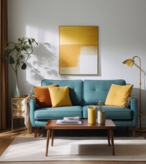 A bright living room with an aquamarine sofa, yellow pillows and abstract painting on the wall, coffee table, lamps, side tables and decorative flowers in vase.