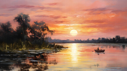 Riverside in sunset background poster decorative painting 