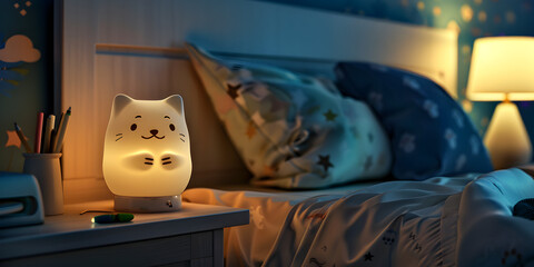 An air humidifier with steam stands on the bedside table in the children's room, night light. Concept aromatherapy and relaxing. Air freshener.
