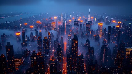 Fototapeta premium Cityscape engulfed in fog with glowing red lights