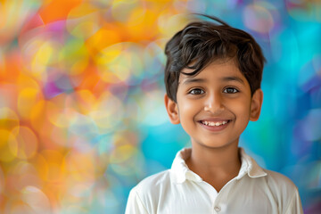 Portrait happy Indian school kid in classroom